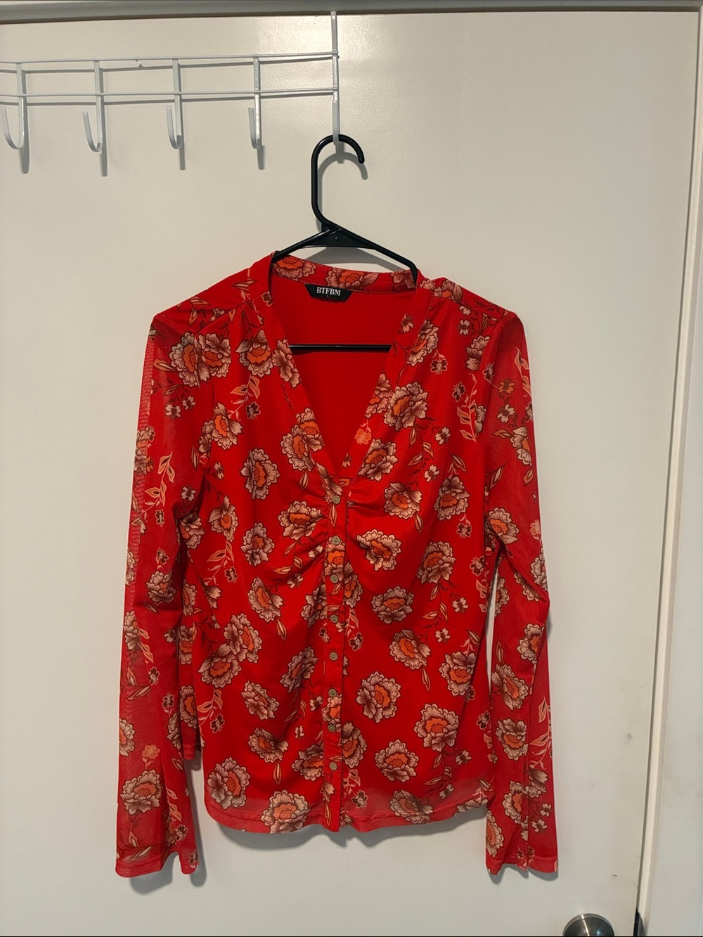 Betsey Red Floral V-Neck Button Front Blouse